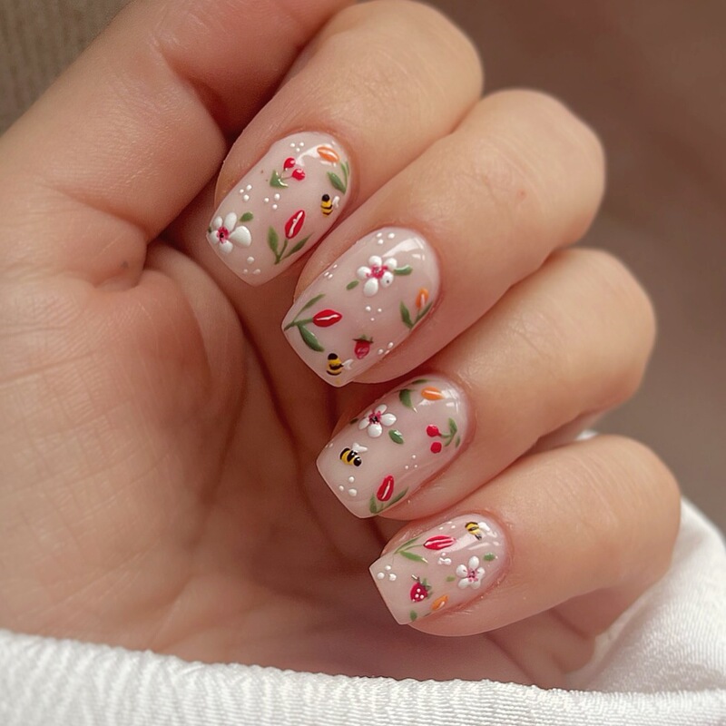 Hand-Painted Small Floral Nails, Pastoral Style, Bee, Small Flowers, Cherry, Brightening Effect, Summer Fake Nails, Niche Design Nail Art Hand-Painted Small Floral Nails, Pastoral Style, Bee, Small Flowers, Cherry, Brightening Effect, Summer Fake Nails, Niche Design Nail Art