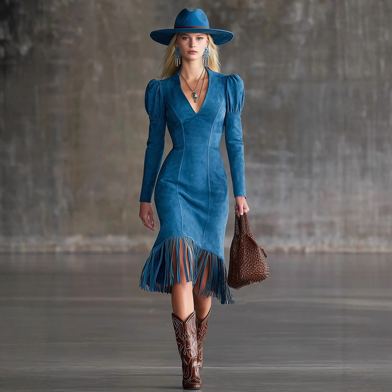 Cross-Border European and American Style Western Retro Suede Fringe Sleeveless Mini Dress