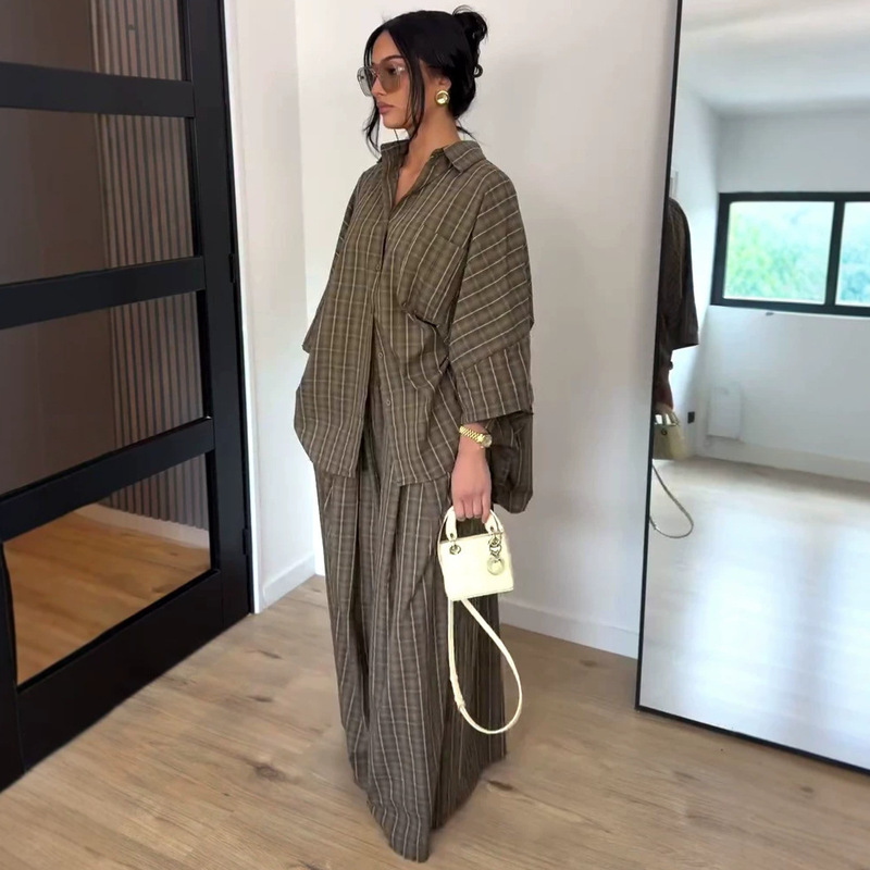European and American Style Loose Long-Sleeved Plaid Shirt Top Plus Size Casual Wide-Leg Pants African Fashion Women's Two-Piece Set European and American Style Loose Long-Sleeved Plaid Shirt Top Plus Size Casual Wide-Leg Pants African Fashion Women's Two-Piece Set