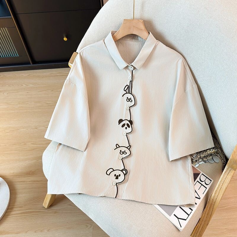 New Fashionable Short-Sleeved Cute Bear Embroidered Shirt, Summer Loose Casual Solid Color Stylish Versatile Top New Fashionable Short-Sleeved Cute Bear Embroidered Shirt, Summer Loose Casual Solid Color Stylish Versatile Top