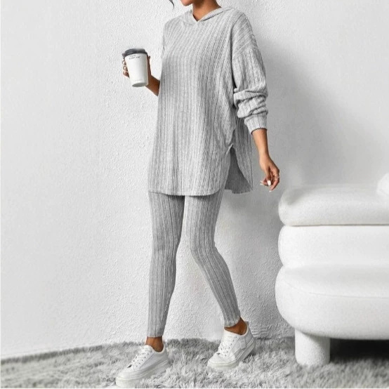 2025 European and American Amazon cross-border autumn and winter women's loose-fitting hooded long-sleeve casual long pants ribbed set