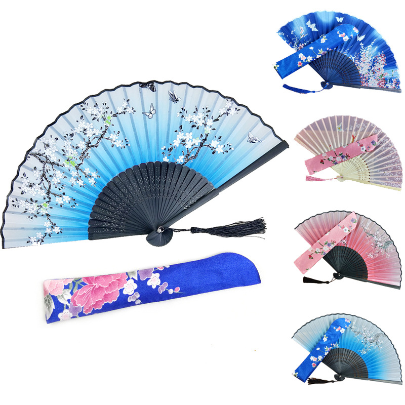 Fans de seda de dos flores y paisaje de la cabeza verde una sonrisa de ventilador de dama ventilador plegable de bambú de estampado de flores ventilador artesanal