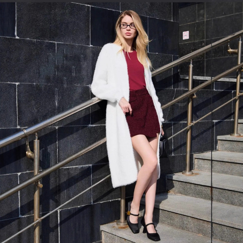 Cross-Border European and American Style Imitation Mink Velvet White Knitwear Jacket 2025 Autumn and Winter New Fluffy Soft Knitwear Cardigan