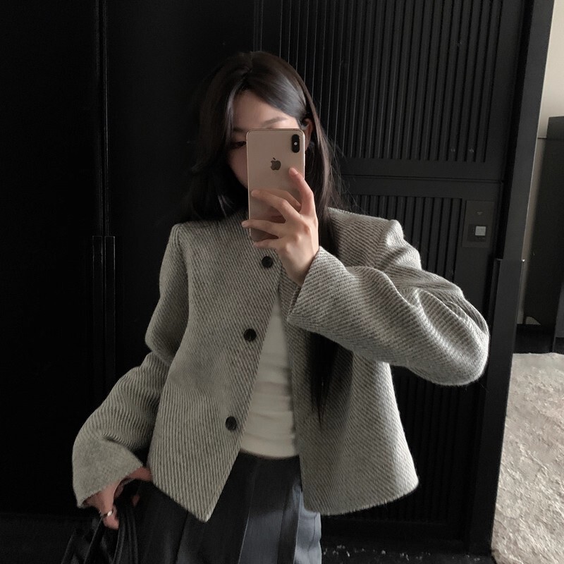 复古圆领小香风外套女春秋小个子高级感条纹宽松名媛千金短款上衣|undefined
