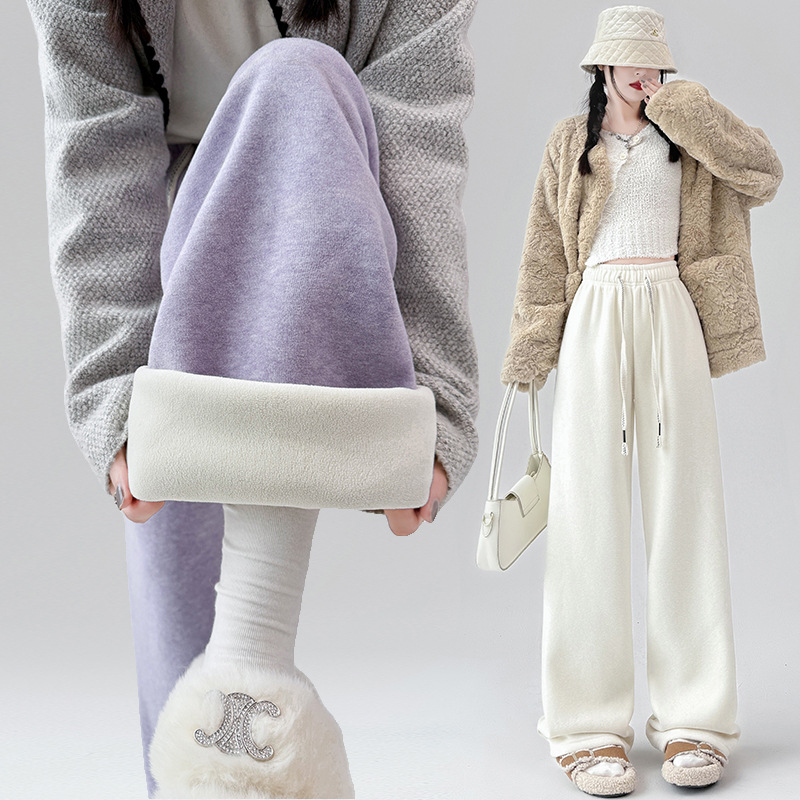 타로 퍼플 기모 넓은 다리 바지 여성용 겨울 두꺼운 양고기 벨벳 따뜻한 부드러운 찹쌀 바지 스트레이트 드로우 스트링 수건 바지