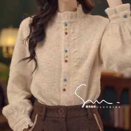 【彩虹糖果】超好看花边领粉色衬衫女冬季设计感彩色糖果上衣