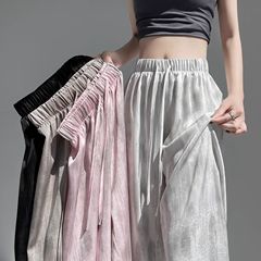 氷糸のワイドパンツの女性の夏の薄い金2025の新型の小さい子のゆったりしている酢酸のサテンの涼しい感じの山本を染めます。