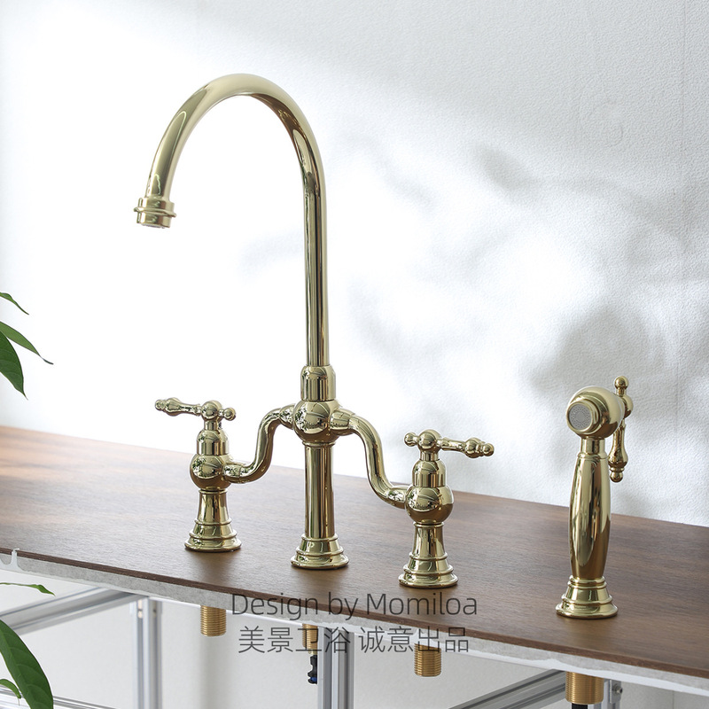 American style bridge golden kitchen faucet with drawing spray gun Bridge Kitchen Faucet