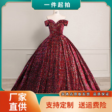 跨境欧美璀璨宝石红色蓬蓬裙新娘结婚敬酒舞台演出艺考婚纱晚礼服