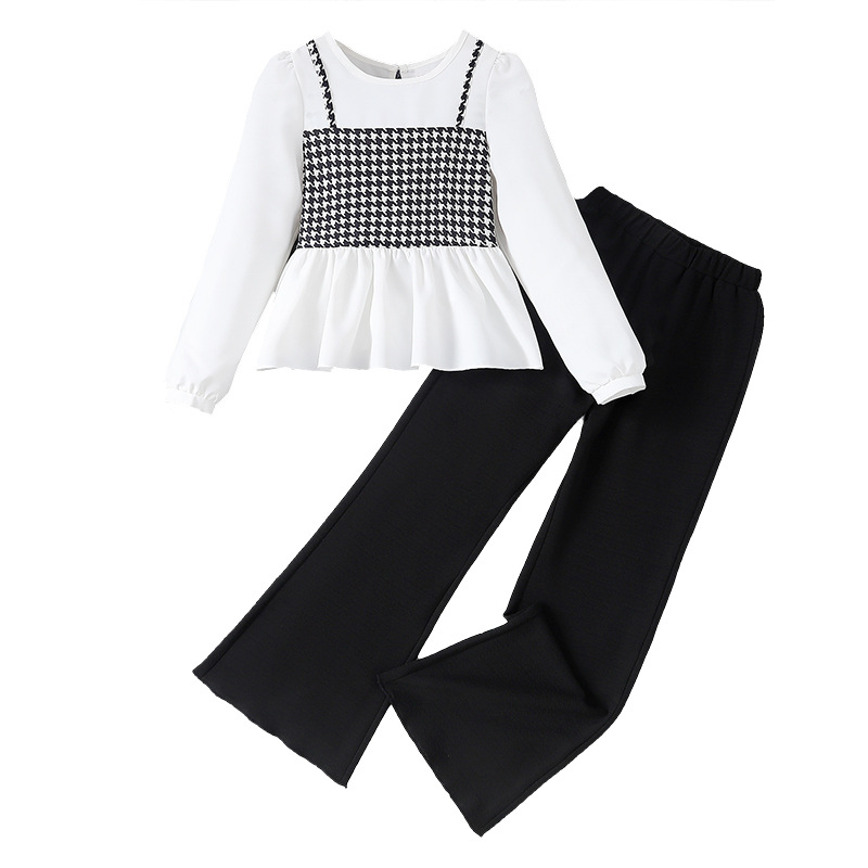 Traje de niñas Comercio exterior costura pata de gallo falso de dos piezas pantalones ajustados 2024 primavera europea y americana ropa de moda para niños