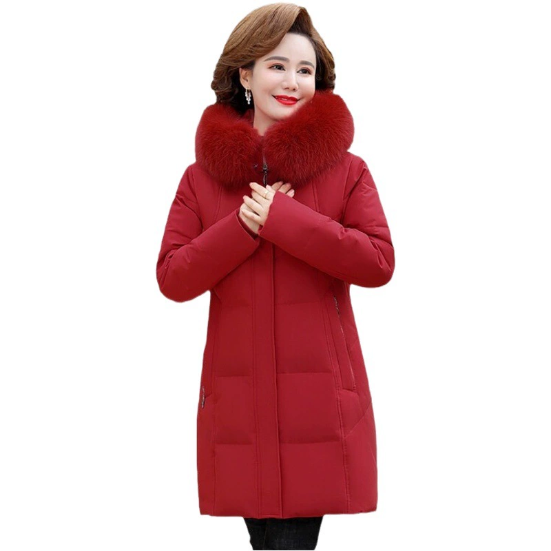 2023 Новый зимний холодостойкий пуховик для женщин среднего и пожилого возраста, утолщенный белый пуховик средней длины для матери на утином пуху с капюшоном