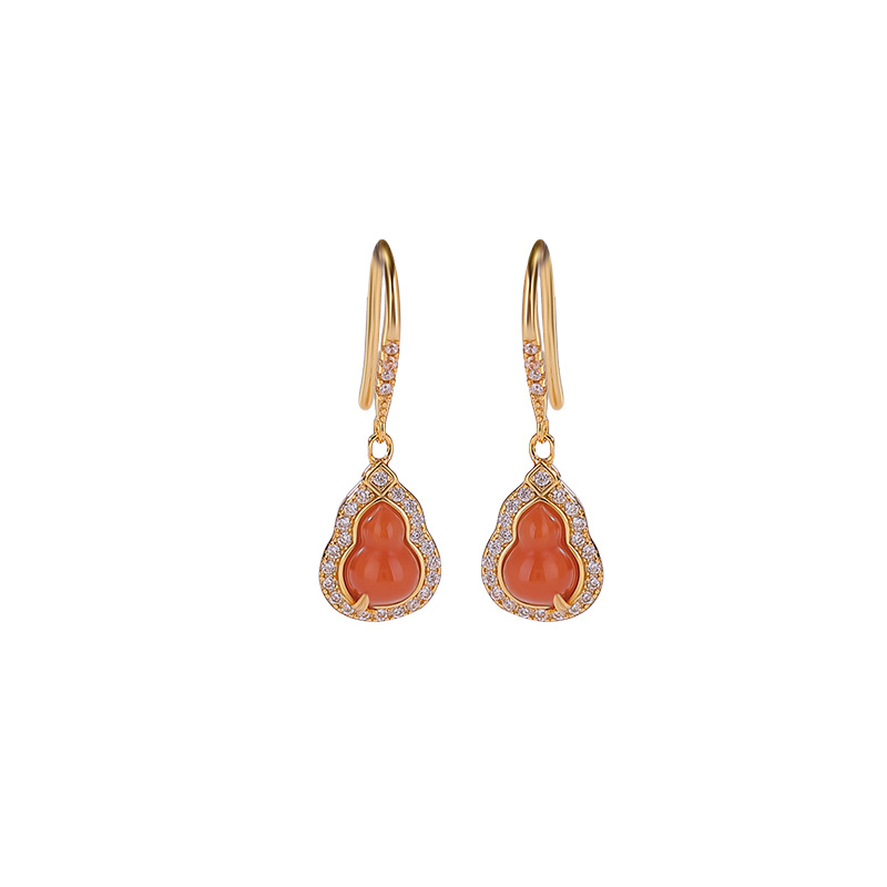 Bông tai bạc S925 đính đá ngọc Hetian Jasper hình bầu lá tre siêu lấp lánh — Phong cách nước đỏ