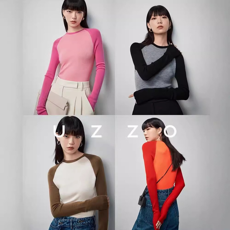Uzzo High-Bottom Merino Worsted Wool One-Line Ready-To-Wear Contrasting Color Design Round Neck Knitted Bottoming Shirt Top for Women Uzzo High-Bottom Merino Worsted Wool One-Line Ready-To-Wear Contrasting Color Design Round Neck Knitted Bottoming Shirt Top for Women