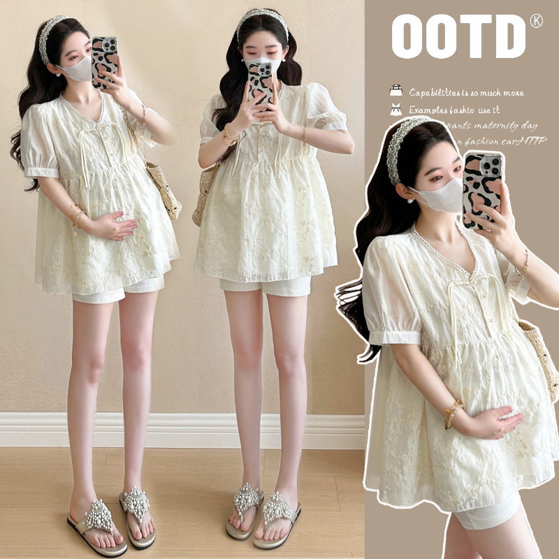 Maternity Summer Chiffon Embroidered Doll Shirt Petite Set Stylish Fashion Embroidered Top with Belly Support Shorts Two-Piece