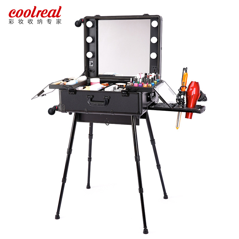 带支架拉杆化妆箱镜子专业跟妆箱纹绣灯箱化妆师大容量化妆箱带灯