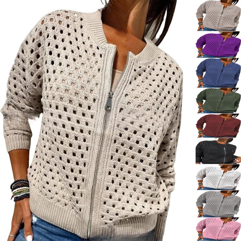 2026 Autumn/Winter European and American Amazon Independent Site Women's Knitted Zip-Up Hollow-Out Round-Neck Cardigan Jacket Cross-Border 2026 Autumn/Winter European and American Amazon Independent Site Women's Knitted Zip-Up Hollow-Out Round-Neck Cardigan Jacket Cross-Border