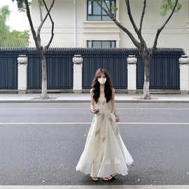 2025天丝水墨吊带裙插片式连衣裙设计感印花气质连衣裙感长裙夏