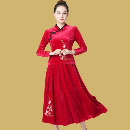 GT9216 Velvet Long-Sleeve Embroidered Square Dance Costume Set for Middle-Aged and Older Women - Autumn/Winter Dance Wear