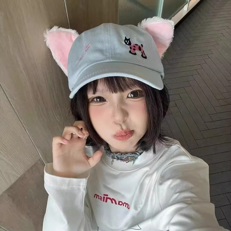 子猫野球帽、新鮮で甘い韓国風女の子野球帽、ベルベット立体かわいい猫耳多用途ひさしキャップ|undefined