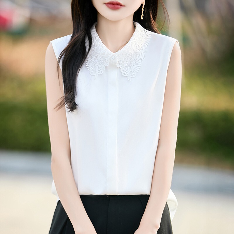Lace-Trimmed Polo Collar Sleeveless Shirt for Women 2026 Spring/Summer New Style Solid Color Elegant Fashion Casual Shirt Base Layer