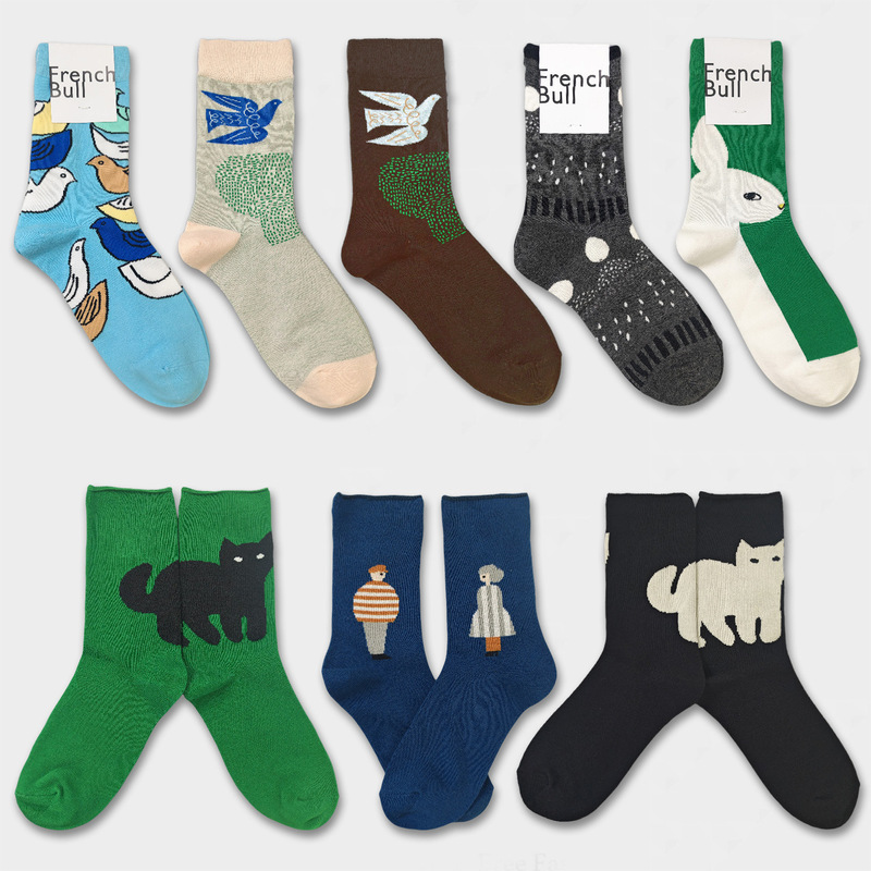 In-Stock Frenchbull Japanese Export Socks for Women, Mid-Calf, Bird and Tree, Artistic Retro, Light Luxury, Trendy Brand, Cross-Border