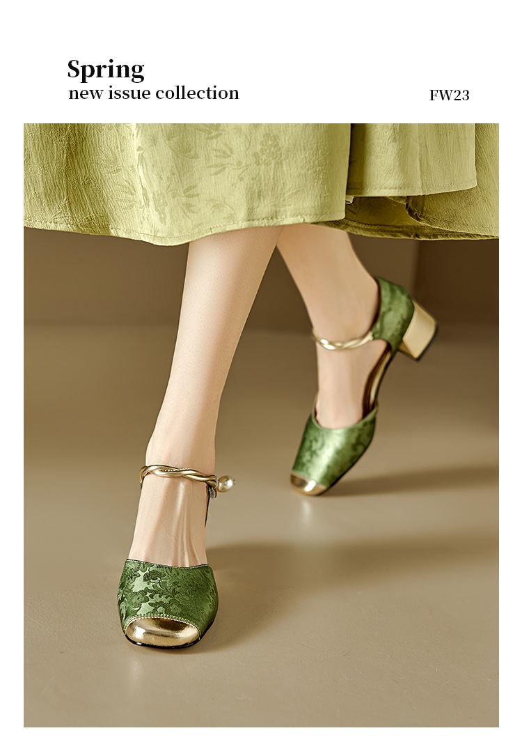 Sandal cao gót nữ bít mũi da bò phong cách Trung Hoa mới, quai ngang một dây, gót vuông ổn định — Màu xanh lá chi tiết 8