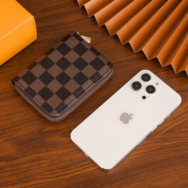 Zipped Card Holder Wallet, Compact Capacious Organizer, Brown Grid / Blue Plaid, 6×3.5×7.5 cm
