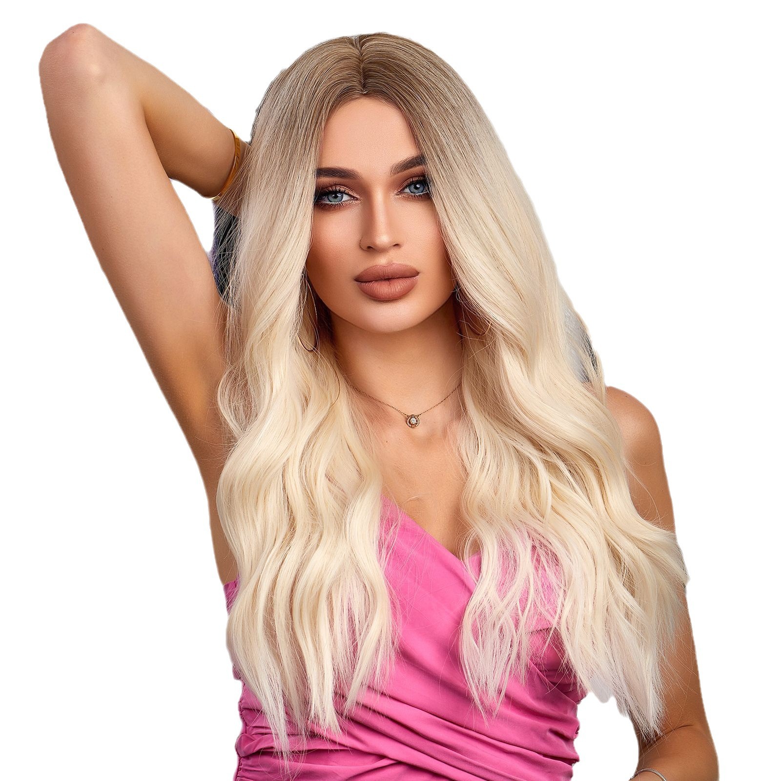 Peluca europea y americana transfronteriza pelo de seda de alta temperatura femenina degradado dorado marrón puntos medios sin flequillo Pelo Rizado de onda grande