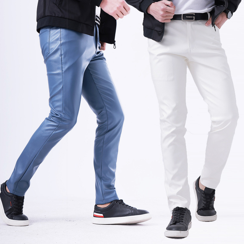 Spring and Summer Thin Cross-Border Youth Leather Pants for Men, Stretchy Slim-Fit Colorful White Bar Internet Celebrity Men's Korean Style Trendy Pants