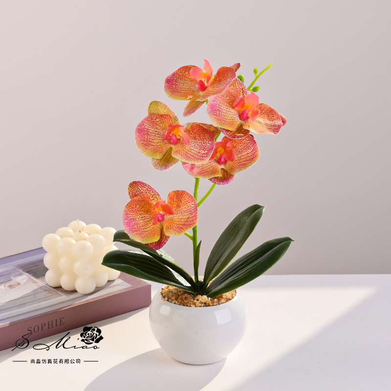 Flor artificial con tacto real, pequeño bonsái de phalaenopsis, flor artificial, adorno decorativo elegante y creativo, planta verde artificial, planta artificial en maceta. image 12