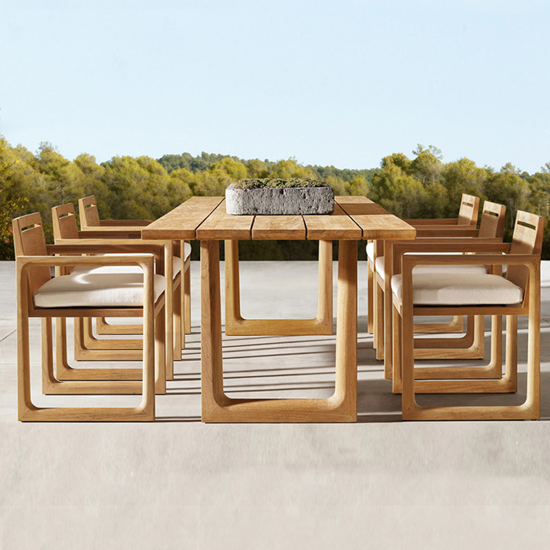 Patio al aire libre combinación de mesa y silla de teca Terraza de villa al aire libre mesa larga de madera maciza al aire libre impermeable y protector solar muebles de ocio