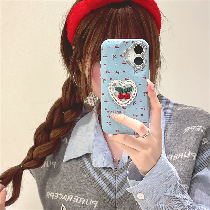 Bordado de cuero con lazo de cereza para iPhone16promax Advanced Sense Apple 15pro/14 Nuevo