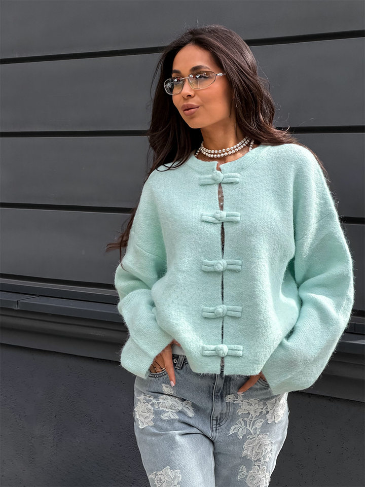 Áo cardigan len dài tay cổ tròn màu trơn cài khuy, form rộng — Màu tím, Xanh nhạt, Xanh quân đội, Xanh rêu đậm chi tiết 2