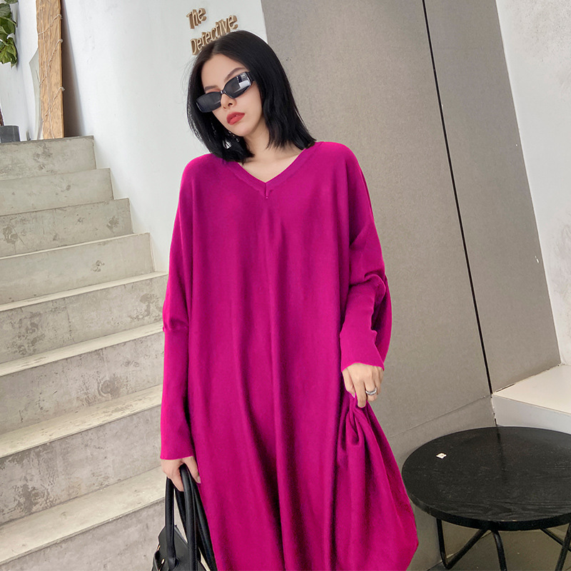 Europeo con cuello en V suéter de punto vestido para las mujeres primavera y otoño nueva suelta adelgazamiento Batwing manga color sólido bottoming superior venta al por mayor