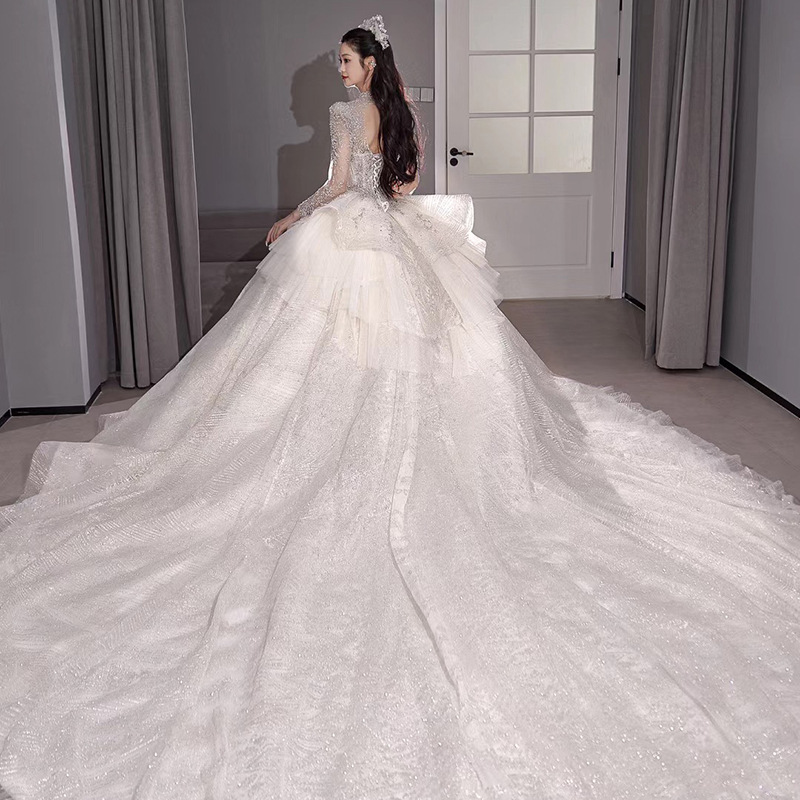 Vestido de novia de encaje de lujo para la novia, nuevo modelo 2026, vestido de manga larga para mujeres embarazadas de talla pequeña y grande, con elaborada artesanía D109.