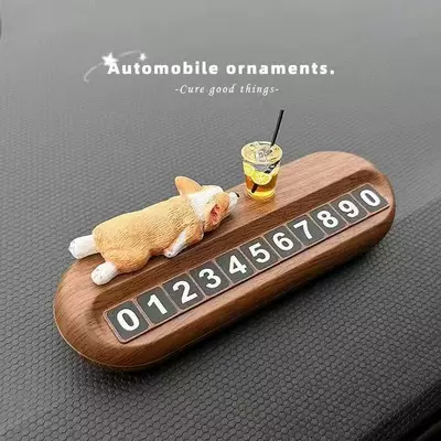 Interior Temporary Parking Number Plate, Nömrəli dayanma kartı - relaxing-corgi-lemon-tea-simple-wood-grain-number-plate