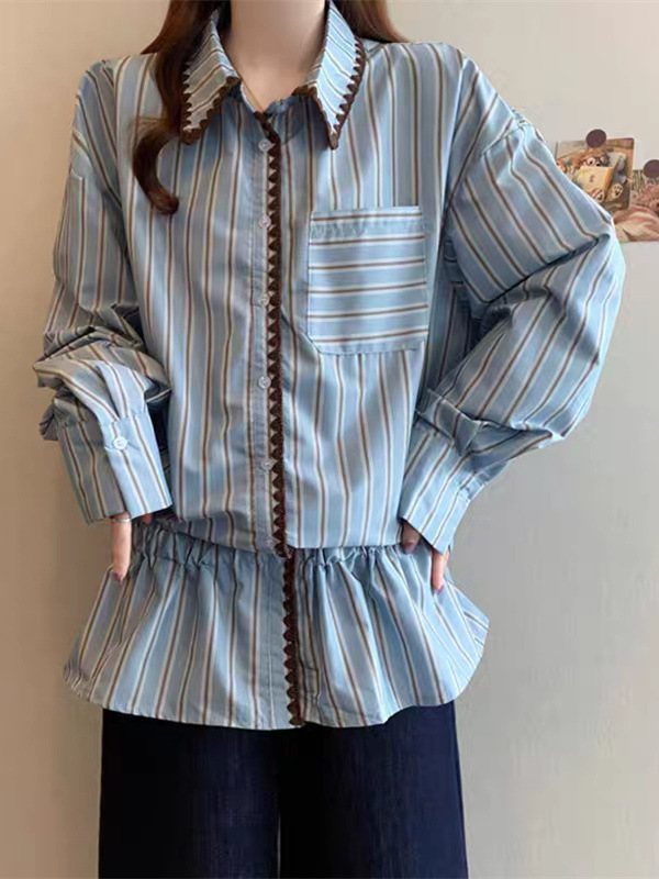 2025新款设计感撞色条纹长袖衬衫女装秋季小众休闲宽松POLO领上衣|undefined