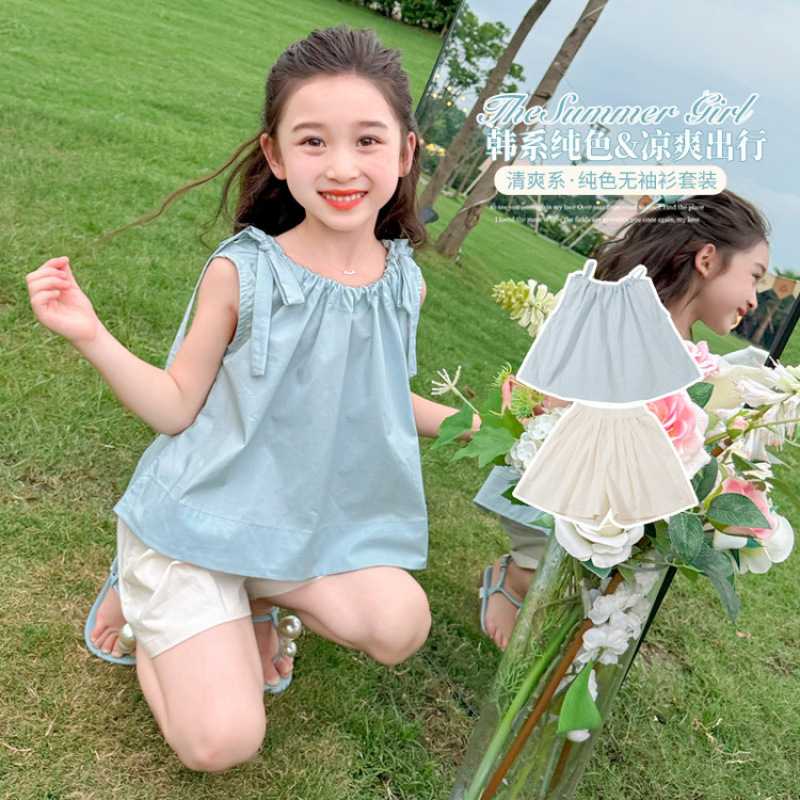 女の子サスペンダースーツ夏 2025 新しいファッショナブルな子供カジュアル夏服女の赤ちゃんショーツ 2 点セット