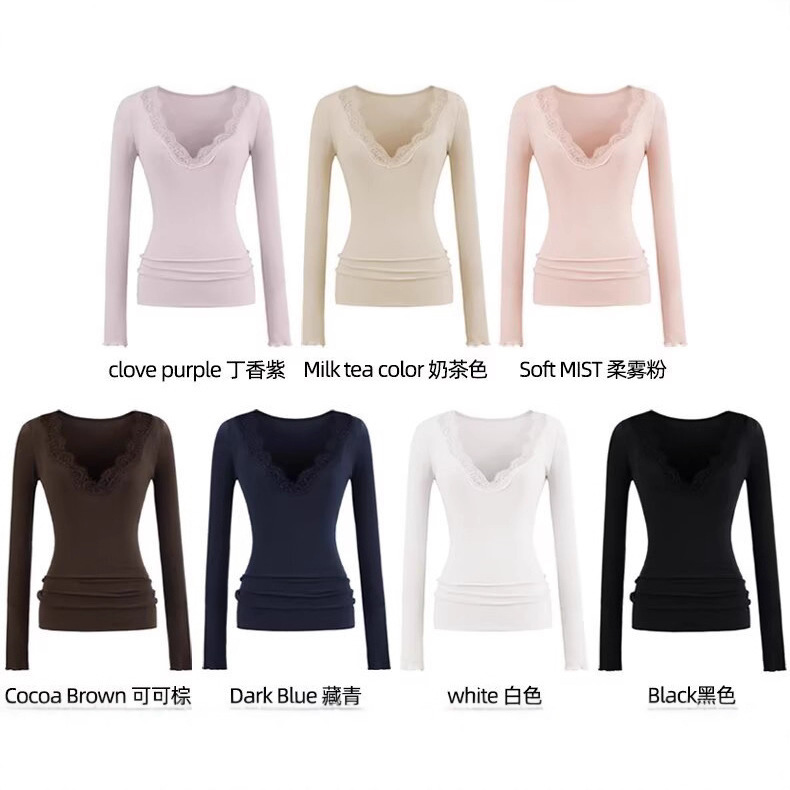 2025 Autumn/Winter Hot Girl Sexy Slim Fit Lace Trim V-Neck Long Sleeve T-Shirt Women's Solid Color Stretch Tight Base Shirt Top