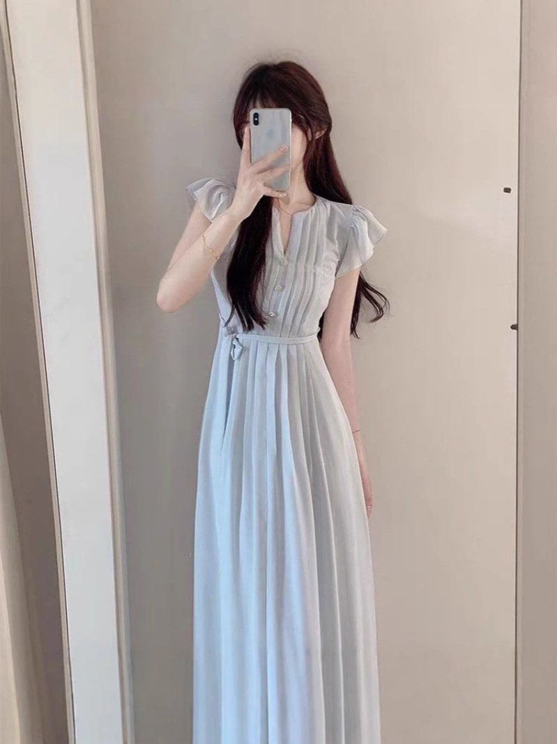 Đầm suông nữ tay bồng nhỏ ôm dáng mùa hè — màu xanh nhạt