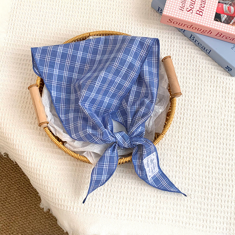 Bufanda de seda, atmósfera coreana, pañuelo a rayas a cuadros, cinturón para el cabello, decoración para el cabello, bufanda pequeña, bufanda triangular de algodón y lino, cintura