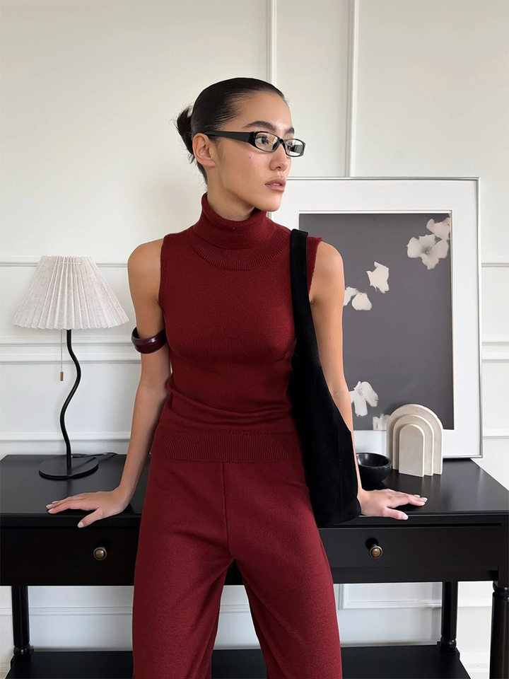 Bộ áo len nữ cổ cao không tay phối quần ống rộng dáng suông — Rượu vang đỏ, màu cà phê, màu nâu, màu xám chi tiết 12