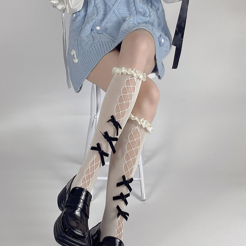 Pure lust style sweet lace hollow fishnet stockings velvet bow socks women's calf socks JK pile socks