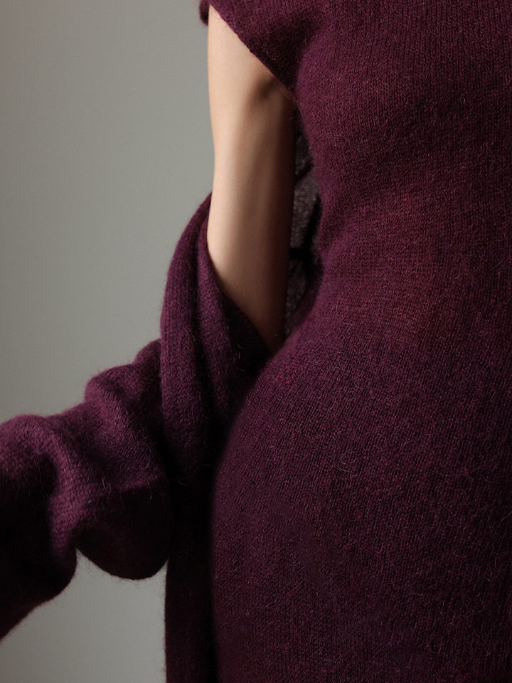 Bộ đầm dệt kim hai mảnh nữ gồm áo cardigan dài tay và đầm liền thân dáng dài — trắng, tím chi tiết 22