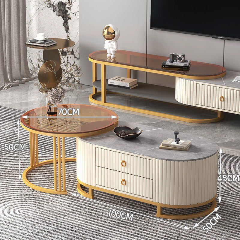 Mesa de centro de pizarra, mueble de TV, lujo ligero, sensación moderna de alta gama, sala de estar para el hogar, combinación de mesa de centro telescópica ovalada, mesa lateral