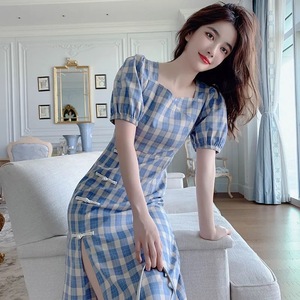Chinese dress for women Cheongsam dress Chinese qipao plaid dress female day retro oriental blue plaid waist skirt