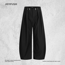 美式竖条纹褶皱弯刀西装裤男款休闲百搭设计感收腰调节扣阔腿长裤