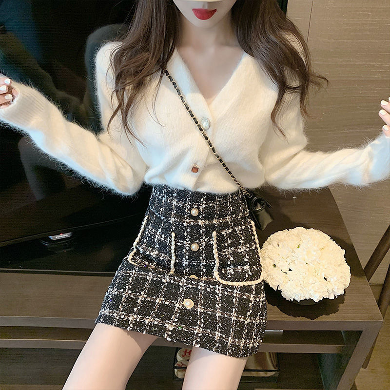 秋冬季韩版外套女毛衣套装裙气质小个子针织开衫毛呢半身裙两件套