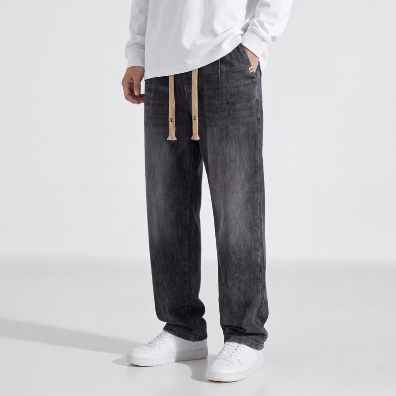 Plus-Size Summer New American-Style Men's Jeans, Straight Loose Fit, Hong Kong Style, Elastic Waist, Retro Trendy Long Pants for Men