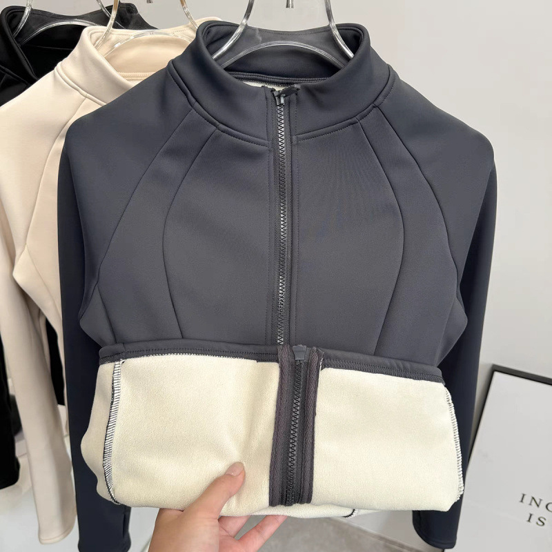 Gun gray thickened velvet double zipper jacket